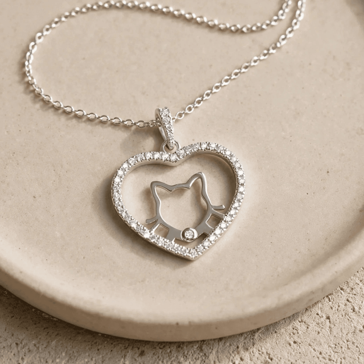 Collar de Plata 925 con Dije Corazón, Gatito y Circonias – Felina